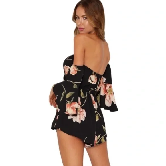 Off Shoulder Bell Sleeve Black Floral Romper - Picture 4 of 7